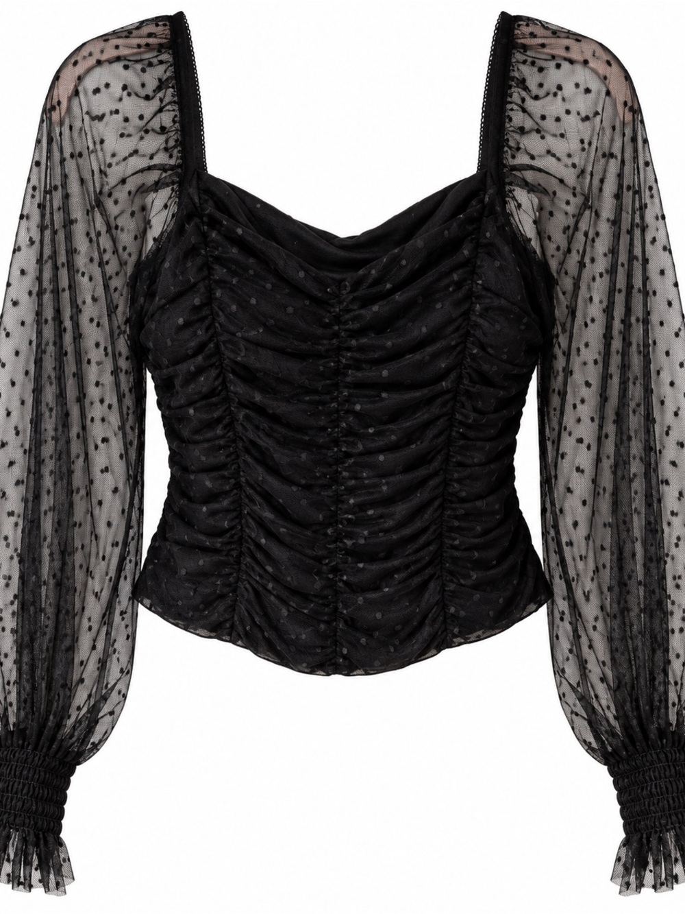 Black Ruched Swiss Dot Mesh Long Sleeve Corset Style Top Approx SZ Small Goth